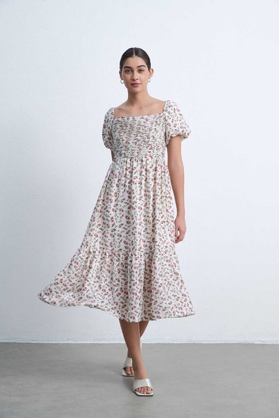 Livia Floral puff short sleeve flared women’s midi dress