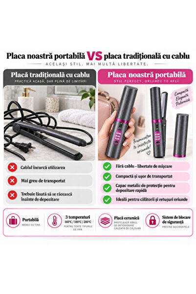 PRODYS Placa de indreptat parul portabila PRODYS, Fara fir, 3 setari de temperatura, Reincarcabila prin usb, Invelis ceramic, Incalzire rapida