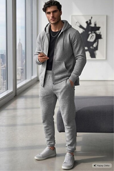 NO 601 Men's Gray Zippered Jacket and Gray Sweatpants Set
