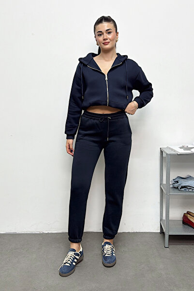 GİYSA Elastic Cuffed Sweatpants Navy Blue Winter 3 Thread Threaded Regular Fi...