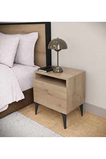 Golden Bark Nightstand with Drawer, Sleek and Functional in White and Black