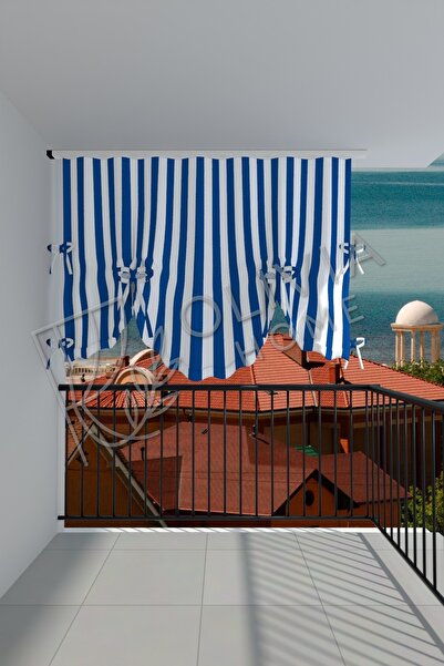 Görgülü Shop Olivia Home Model Büzgülü Mavi Beyaz Balkon Perdesi