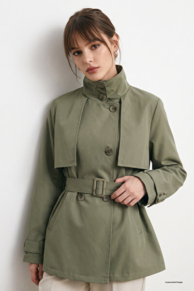 InStyle Belted Stand Collar Lined Khaki Short Trench Coat