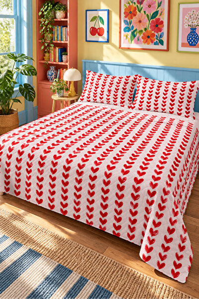 Evmila Red Heart Patterned Bedspread 200X220 Double Pique Set
