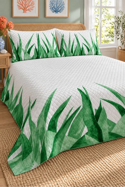 Evmila Green Leaf Patterned Bedspread 200X220 Double Pique Set