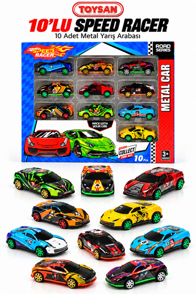 Toysan 10lu Speed Racer Metal Araba 10 Adet Metal Yarış Arabası
