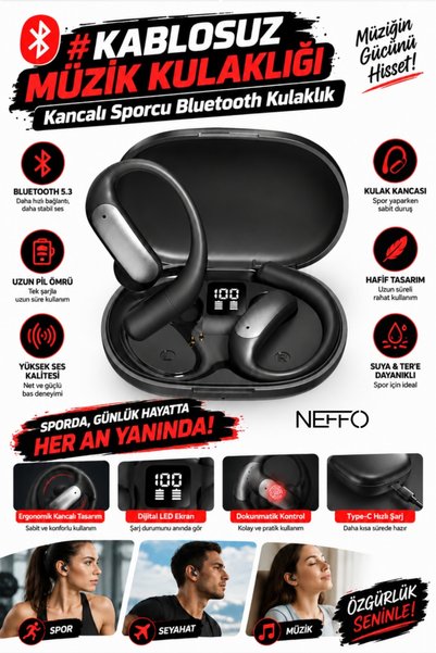NEFFO Kablosuz Müzik Kulaklığı Kancalı Sporcu Bluetooh Kulaklık