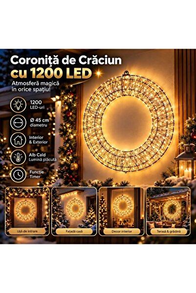 s-Eye Coronita de Craciun 1200 LED, 45 cm, Alb Cald, Timer, Interior/Exterior