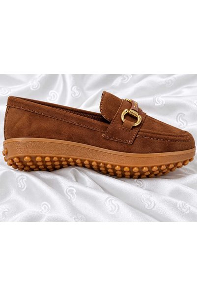 solebydilhan Women's Suede Look Metal Buckle Loafer Shoes