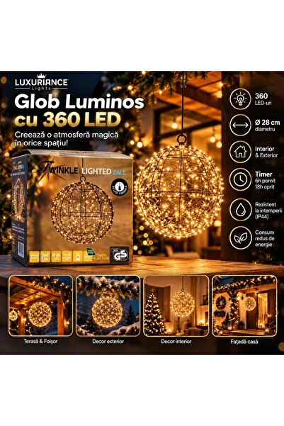 s-Eye Glob luminos de Crăciun 360 LED, 28 cm, Alb Cald, Efect 3D, Interior/Ex...