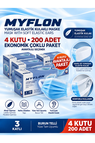 Yumuşak Elastik Kulaklı 3 Katlı Cerrahi Maske Tip II 4 Kutu 200 Adet