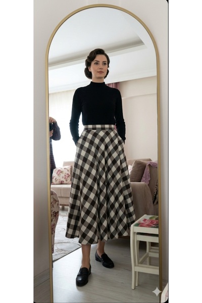 Dagü Design Women's Hijab Plaid Patterned Brown Checkered Long Skirt