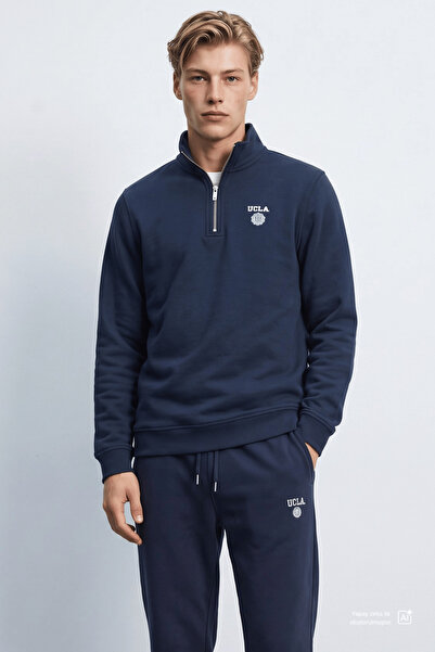 UCLA LEON Lacivert Yarım Fermuar Baskılı Dik Yaka Standard Fit Erkek Sweatshirt