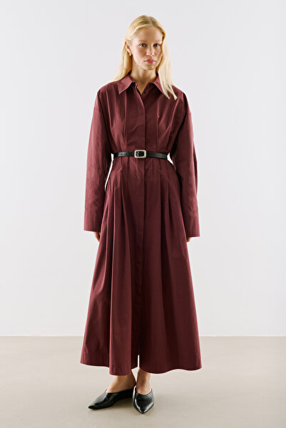 Manuka Pleated Waist Shirt Dress Burgundy