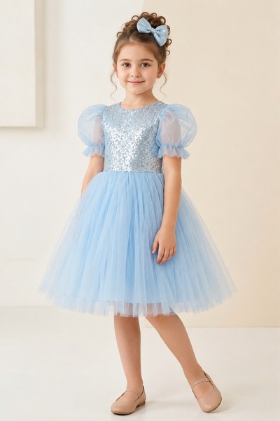 Mnk Baby&Kids Balon Kol Pul Payet Kız Çocuk Tütü Elbise M00751 MAVİ
