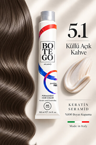 botegohair Profesyonel Kalıcı Krem Saç Boyası - 5.1 Küllü Açık Kahve - 100 ml...