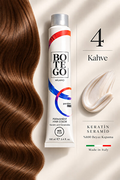 botegohair Profesyonel Kalıcı Krem Saç Boyası - 4 Kahve - 100 ml – Keratin ve...