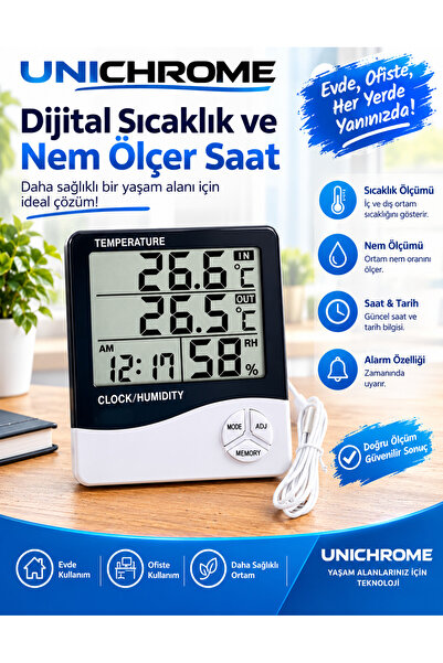 Unichrome Dijital Termometre Oda Isı Sıcaklık Ve Nem Ölçer Problu İç Mekan Ölçüm