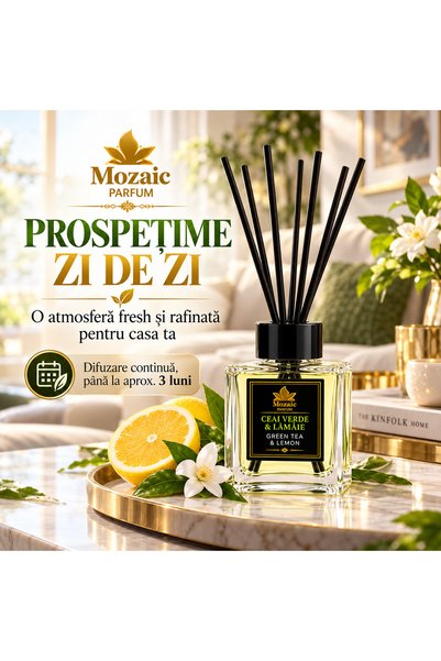 MOZAİC Luxury Reed Diffuser Ceai Verde & Lămâie, Parfum de Cameră cu Bețișoare, 100 ml