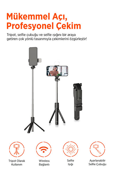 Polosmart PSM137 Işıklı Uzaktan Kumandalı Tripod Siyah - Bluetooth Telefon Tu...