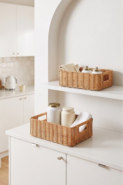 Ocean Home Textile 2-Piece Washable Beige Pp Rattan Closet Laundry Children's Room Toy Organizer Storage Basket Organizer 33X23X11/ 39X29X13