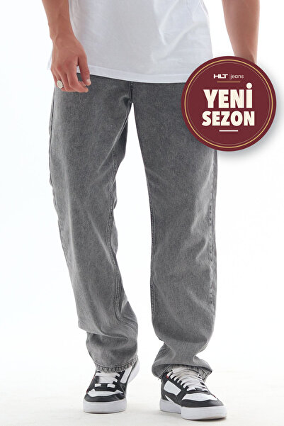 HLT JEANS Ανδρικό γκρι ίσιο/φαρδύ παντελόνι τζιν από 100% βαμβάκι, πλυμένο, H...