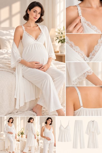 MONAMİSE Ecru 3-Piece Maternity Set, Women's Viscose Pajama Set with Breastfe...