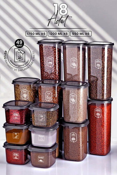 Kitchen Life 18'li Etiketli Square Kare Erzak Saklama Kabı Seti x6(550ml-1200...