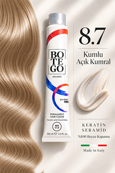 botegohair Profesyonel Kalıcı Krem Saç Boyası - 8.7 Kumlu Açık Kumral - 100 m...