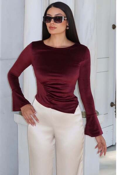 KECHİ WOMAN Velvet Fabric Spanish Sleeve Blouse - Burgundy