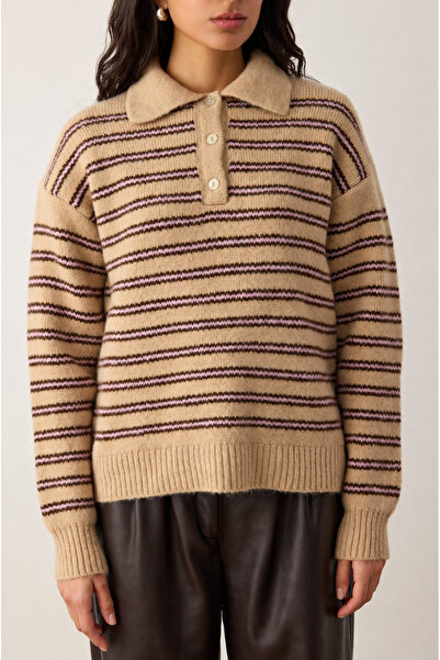 MAİSON VELORA Kadın Camel Çizgili Basic Oversize Polo Yaka Yarım Pat Düğmeli ...