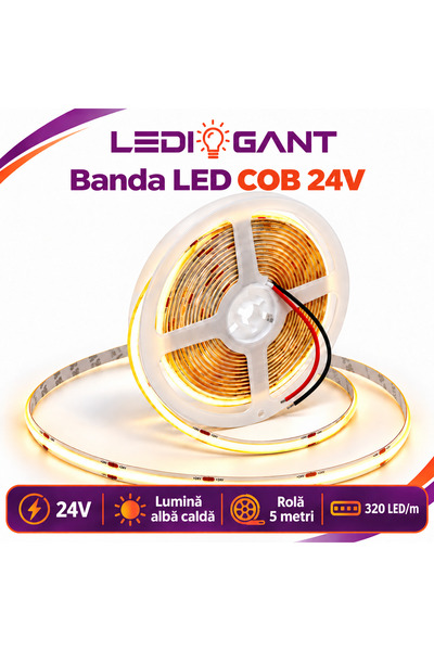 LEDIGANT Bandă LED COB 24V, 320 LED/m, Lumină Albă Caldă, Interior IP20, 8 mm, Rolă 5 metri