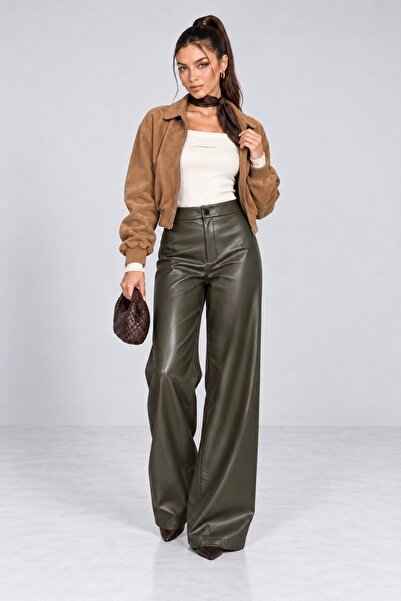Grenj Fashion Δερμάτινο παντελόνι φαρδύ Χακί με λεπτομέρεια στην τσέπη