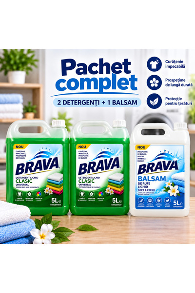 BRAVA Detergent Pachet BRAVA 2 x Detergent lichid Clasic 5L + Balsam de Rufe ...