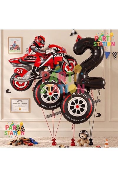 Parti Station Motor Temalı 1 Yaş Folyo Balon Seti 4 Parça Motosiklet Doğum Gü...