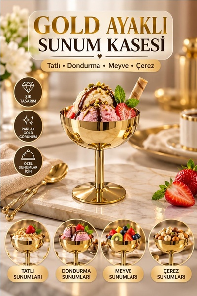 Kitchen Beauty Gold Paslanmaz Çelik Dondurma,Meyve Kasesi Pasta Ve Tatlı Kase...
