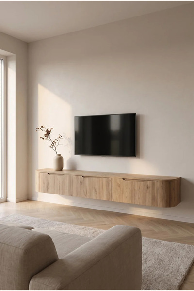 Modern Ahşap Görünümlü Duvar Tipi TV Ünitesi