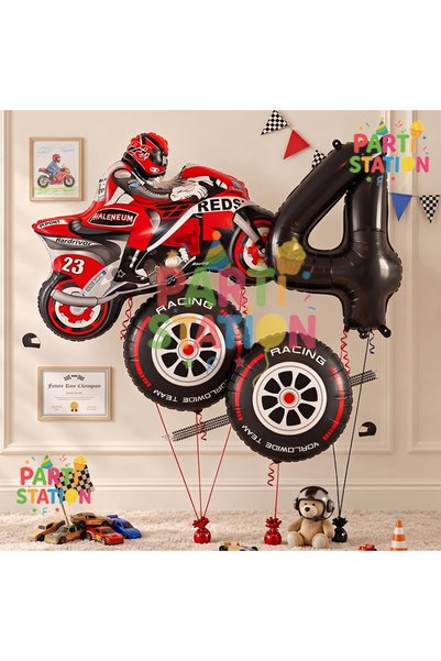 Parti Station Motorcycle Themed 1 Year Old Foil Balloon Set 4 Piece Motorcycl...