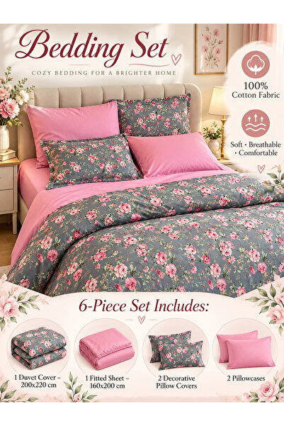 Zeren Home Double Duvet Cover, Fitted Sheet, 2 Pillowcases, 2 Decorative Pill...