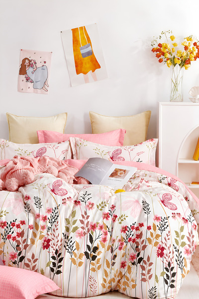 İQON Duvet Cover Set with Fitted Sheet Double Garden White