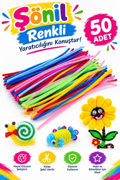 NEON PLUS 50 Adet, Şönil, 30 Cm, Tüylü Tel, Eğitici Şönil Seti, Renkli Tel,