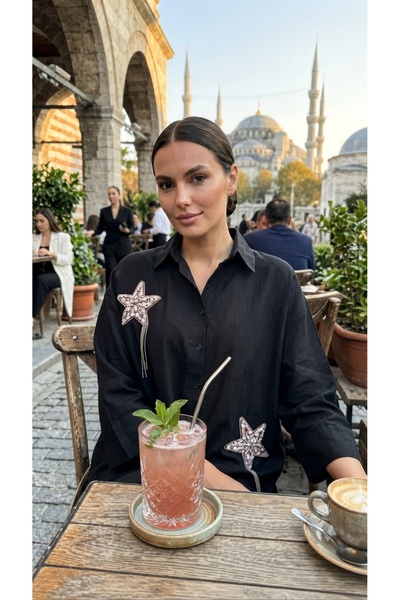 vellum butik YILDIZ ZİNCİR DETAYLI KETEN GÖMLEK