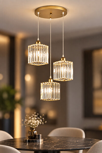 İstanbul Avize Dolunay 3'lü Gold K-12 Kristal Taşlı Avize