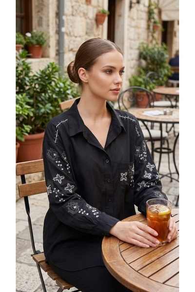 vellum butik KANAVİÇE DESENLİ VİSKON KADIN GÖMLEK