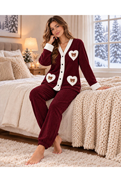 Şhba Kadın Kışlık Pijama Takımı Uzun Kollu Düğmeli Kalp Ayıcık Detaylı