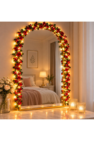 Doğahome 240 CM Yapay Kırmızı Güllü Sarmaşık + 3 Metre Pilli LED Işık Dekoratif Aydınlatma