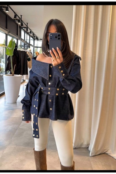 CEVRİYE BALABAN BOUTIQUE Bel Detaylı Zımbalı Kot Denim Gömlek
