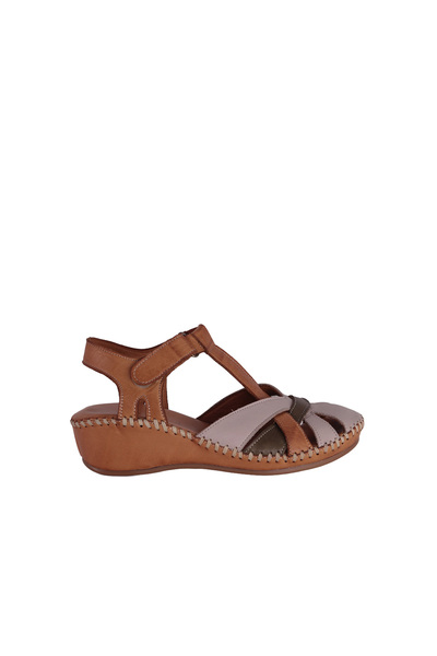 ALBİNİ Tan Genuine Leather Comfort Wedge Heel Velcro Women's Sandals