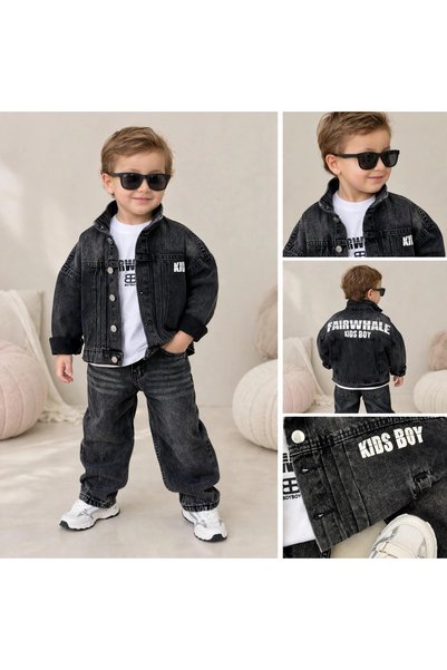 GREYFURTKİDS Men's 3-Piece Jeans Suit with Back Text Detail