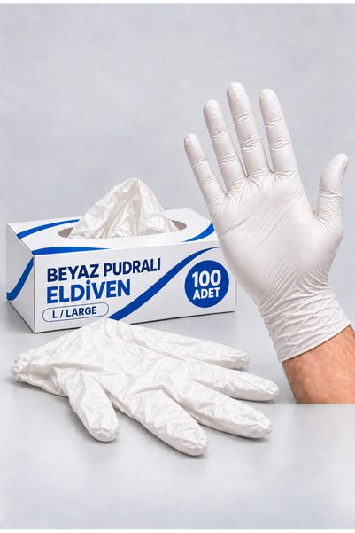 Özkan Ambalaj Temizlik 100 Adet Beyaz Large Büyük Boy Pudralı Muayene Eldiveni Çok Amaçlı Eldiven